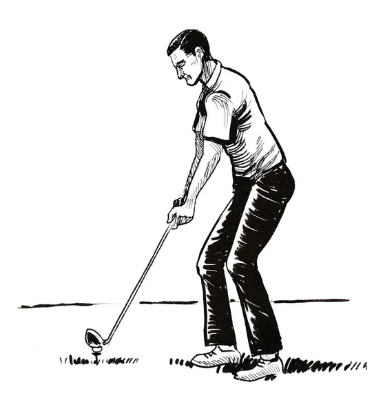 Caballero Jugando Golf Dibujo Blanco Negro Tinta —  Fotos de Stock