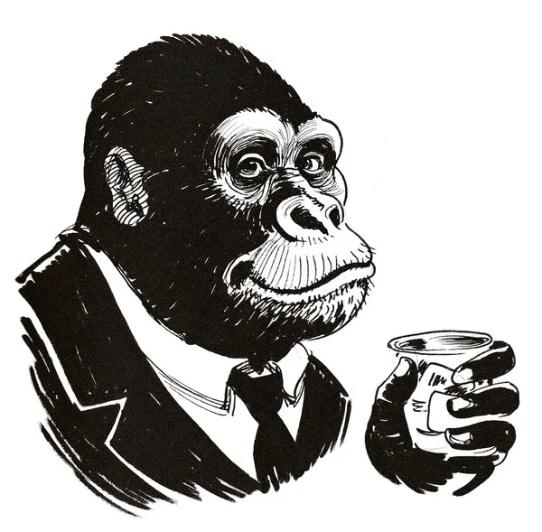 Singe Chimpanzé Buvant Verre Whisky Encre Dessin Noir Blanc — Photo