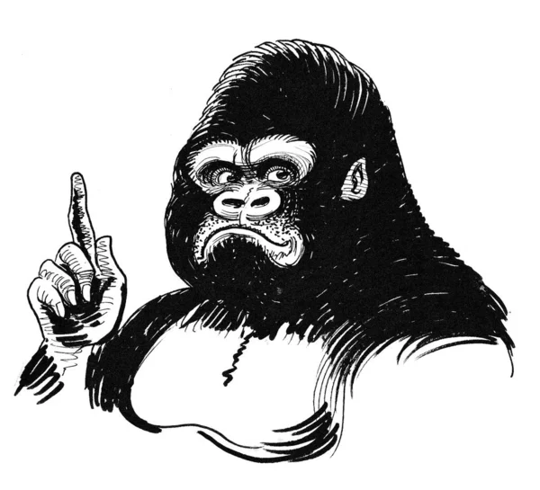 Gorila Apontando Para Cima Tinta Desenho Preto Branco — Fotografia de Stock