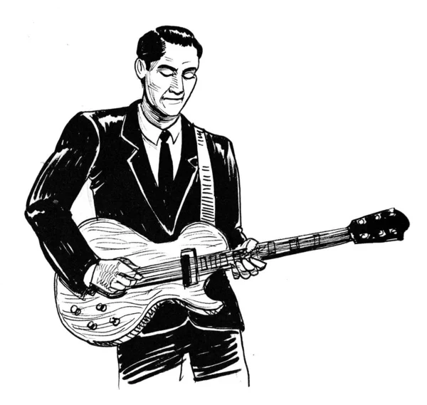 Musician playing vintage electric guitar. Ink black and white drawing