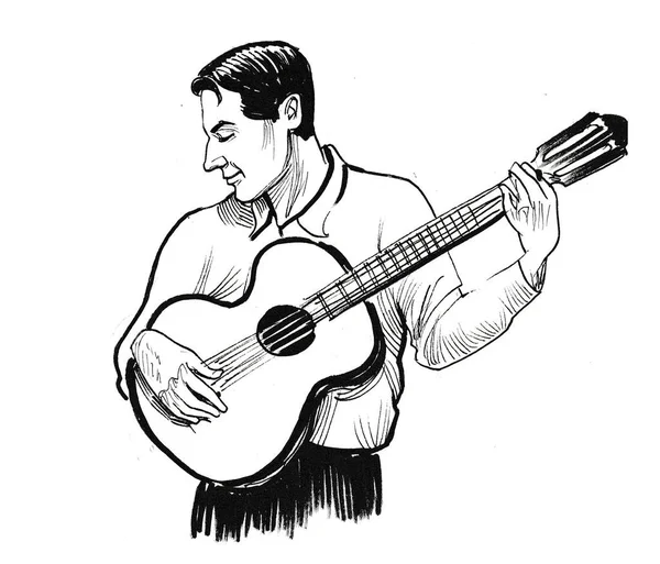 Man playing acoustic guitar. Ink black and white drawing