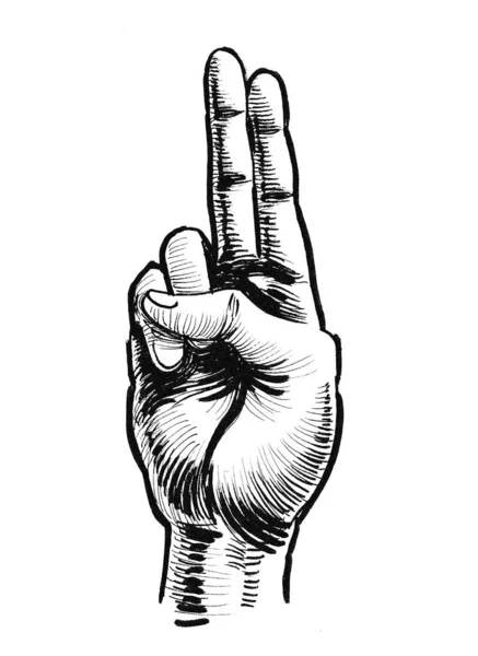 Χέρι Δείχνει Δύο Δάχτυλα Μελάνι Ασπρόμαυρο Σχέδιο — Φωτογραφία Αρχείου