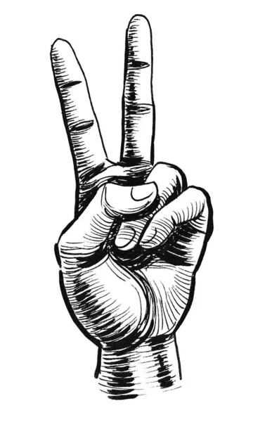 Hand Showing Victory Sign Ink Black White Drawing — Stock Photo, Image