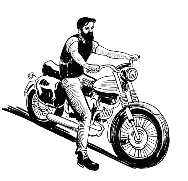 Cool Biker Classic American Motorcycle Ink Black White Drawing — Stock Photo, Image