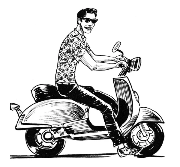 Ung Stilig Man Solglasögon Rider Vintage Scooter Bläck Svart Och — Stockfoto