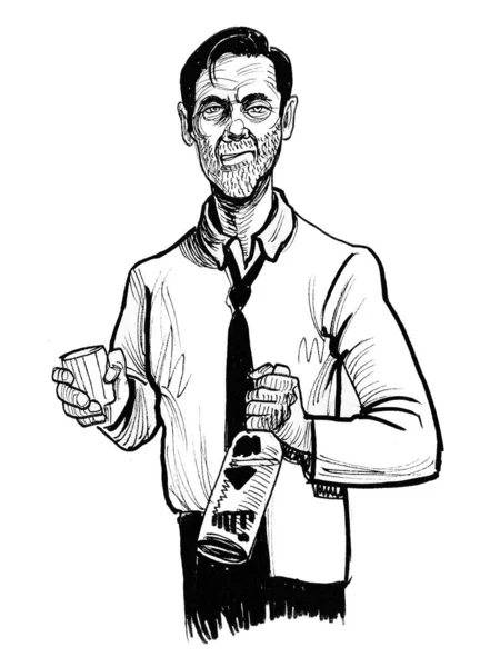 ウイスキーとガラスのボトルを持つアルコール依存症の男 墨と白のドローイング — ストック写真