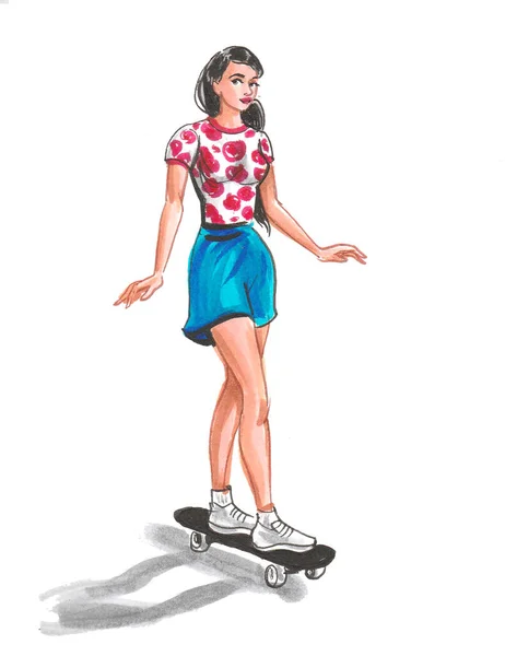 Mooi Meisje Skateboard Inkt Aquareltekening — Stockfoto