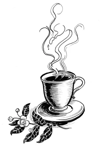 Cup Coffee Tea Plant Ink Black White Drawing — Stock Photo, Image