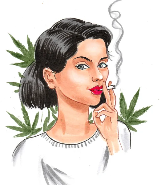 Hübsches Mädchen Das Marihuana Joint Raucht Tusche Und Aquarellzeichnung — Stockfoto