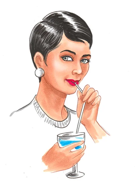 Pretty Lady Drinking Alcoholic Drink Ink Watercolor Drawing — Stock Photo, Image