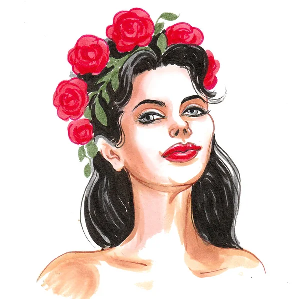 赤い花の花輪の美しい女性 水墨画 — ストック写真