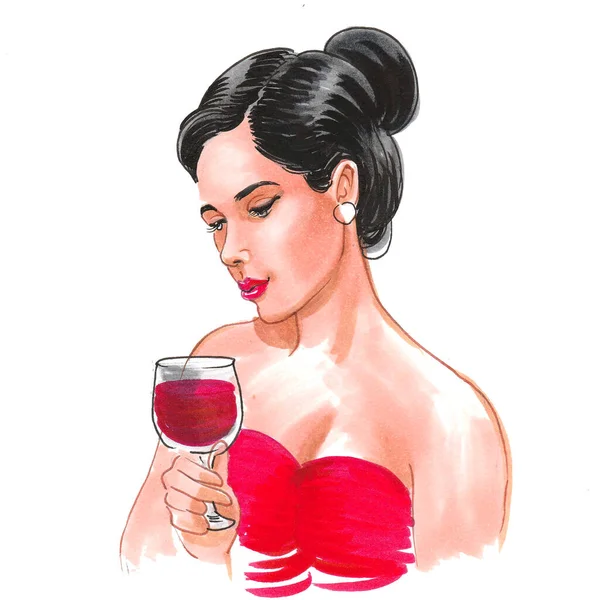 Kırmızı Elbiseli Güzel Bir Kadın Bir Kadeh Kırmızı Şarap Mürekkep — Stok fotoğraf