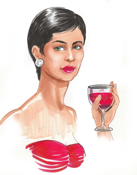 Jolie Femme Avec Verre Vin Rouge Dessin Encre Aquarelle — Photo