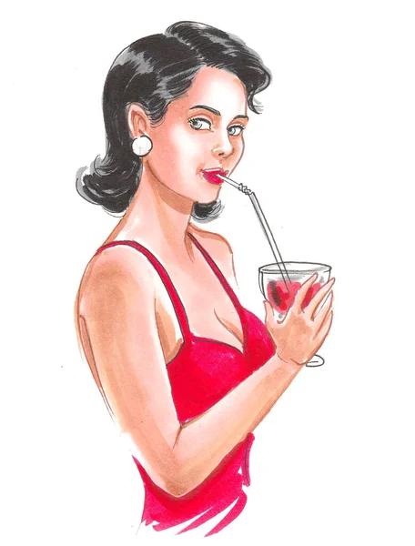 Όμορφη Μελαχρινή Γυναίκα Πίνει Αλκοολούχο Κοκτέιλ Σχέδιο Μελανιού Και Ακουαρέλας — Φωτογραφία Αρχείου
