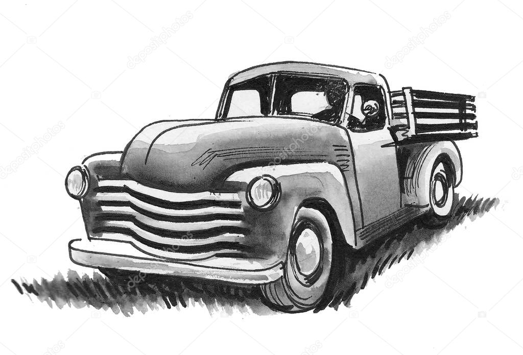 Old American truck. Ink black and white drawing
