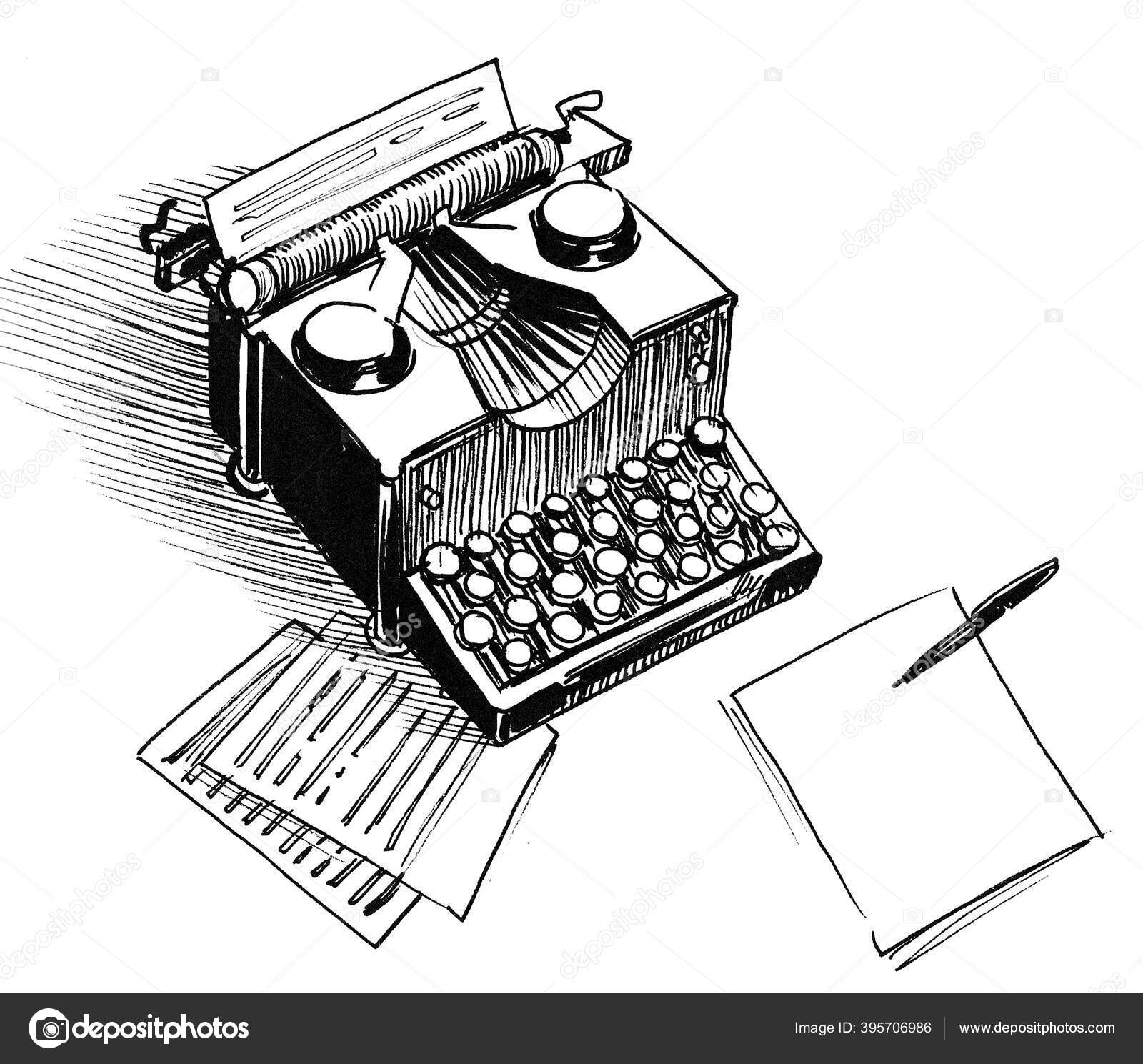 Vintage Machine Ecrire Feuilles Papier Encre Dessin Noir Blanc Photographie Alexblacksea C 395706986