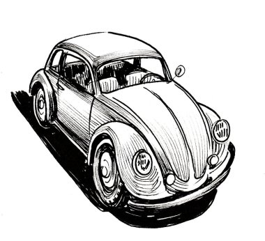 Retro Avrupa otomobilleri. Mürekkep siyah beyaz çizim