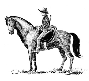 Kovboy ata biniyor. Mürekkep siyah ve beyaz çizim