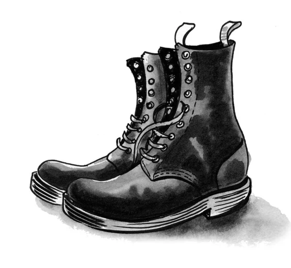 Pair Military Boots Ink Watercolor Drawing — Stock Photo, Image