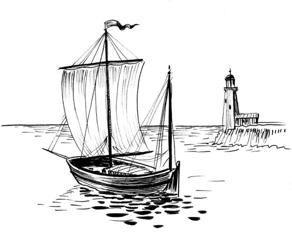 Segelboot Und Leuchtturm Tusche Schwarz Und Weiß Edrawing — Stockfoto