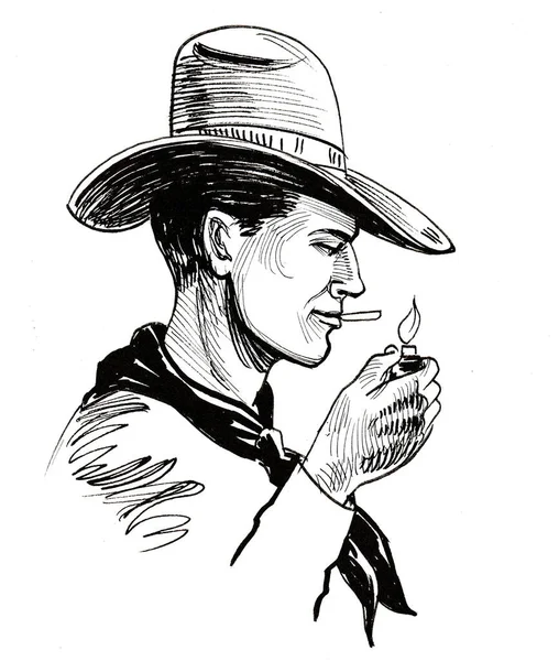 Personagem Cowboy Acendendo Cigarro Tinta Desenho Preto Branco — Fotografia de Stock