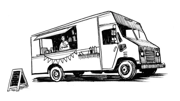 American Food Truck Ink Black White Drawing — Stock Photo, Image