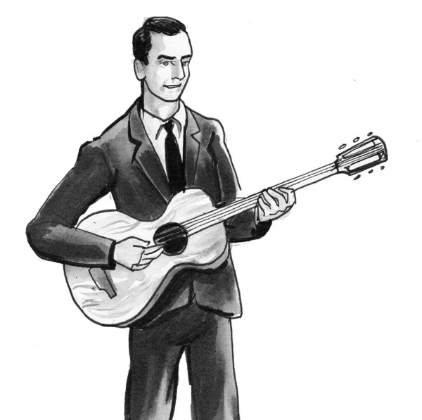 Homem Tocar Guitarra Acústica Tinta Desenho Preto Branco — Fotografia de Stock