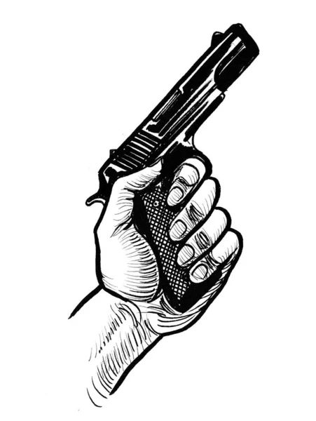 Mano Con Arma Dibujo Blanco Negro Tinta — Foto de Stock