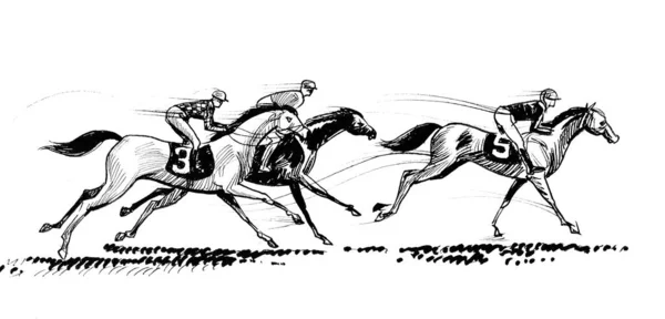 Paardenrennen Inkt Zwart Wit Tekening — Stockfoto