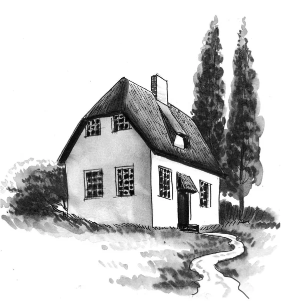Litet Hus Landet Bläck Och Akvarell Ritning — Stockfoto