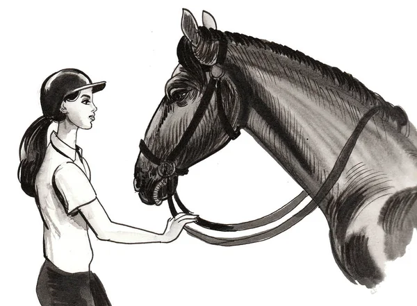Atı Olan Bir Kadın Jokey Mürekkep Suluboya Çizim — Stok fotoğraf