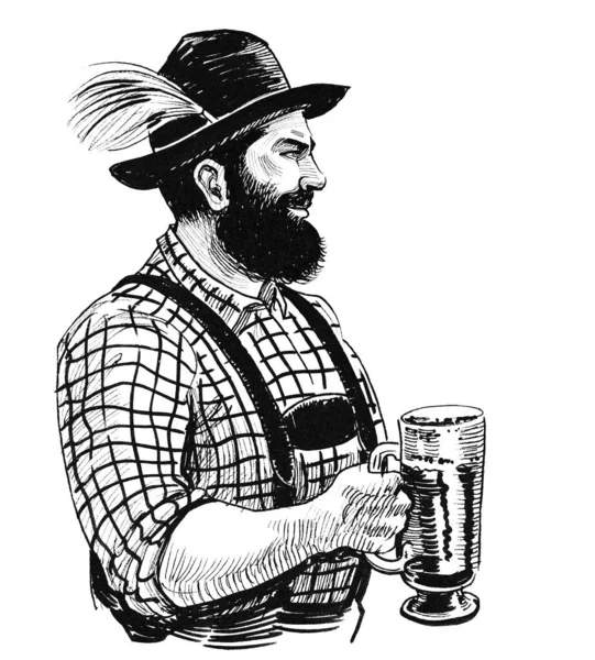 ビールのマグカップとドイツのバーガー 墨と白のドローイング — ストック写真