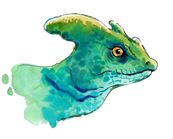 Tête Lézard Vert Encre Aquarelle — Photo