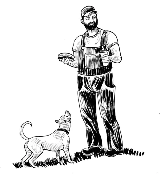 Boer Met Hotdog Hond Inkt Zwart Wit Tekening — Stockfoto