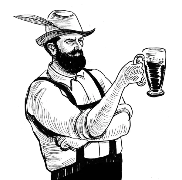 Німецький Баварський Бородатий Чоловік Випивав Чашку Пива Чорно Білий Малюнок — стокове фото