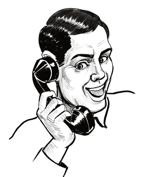 Feliz Hombre Hablando Por Teléfono Retro Dibujo Blanco Negro Tinta —  Fotos de Stock