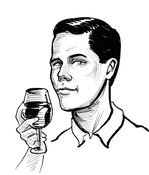 Gentleman Glass Wine Ink Black White Drawing — Stock Photo, Image