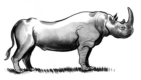 Staande Afrikaanse Neushoorn Inkt Aquareltekening — Stockfoto