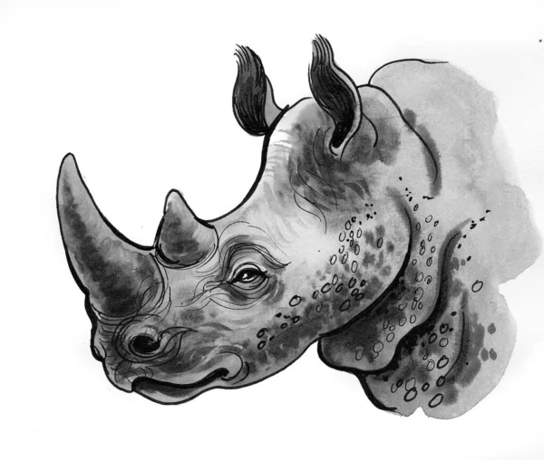犀牛的头 墨水和水彩画 — 图库照片