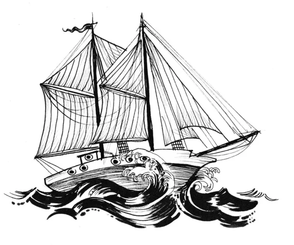 Sailing Ship Stormy Sea Ink Black White Drawing — Stock Photo, Image