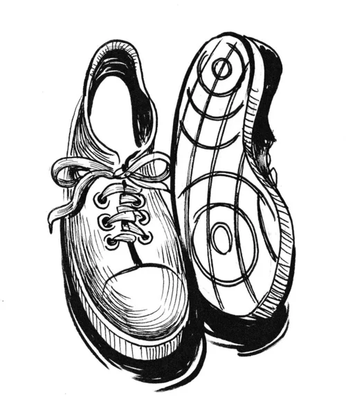 Pair Sport Shoes Ink Black White Drawing — Stock Photo, Image