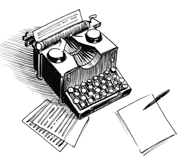 Stare Maszyny Pisania Arkusze Papieru Czarno Biały Rysunek Atramentu — Zdjęcie stockowe