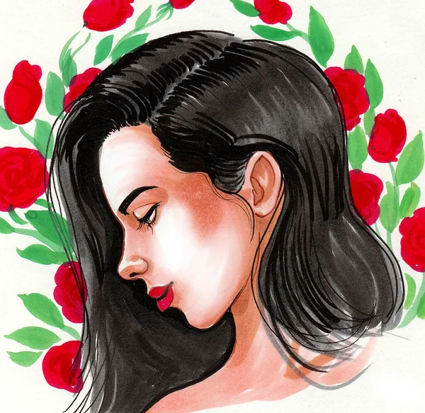 Mujer Bonita Flores Rojas Dibujo Tinta Acuarela — Foto de Stock