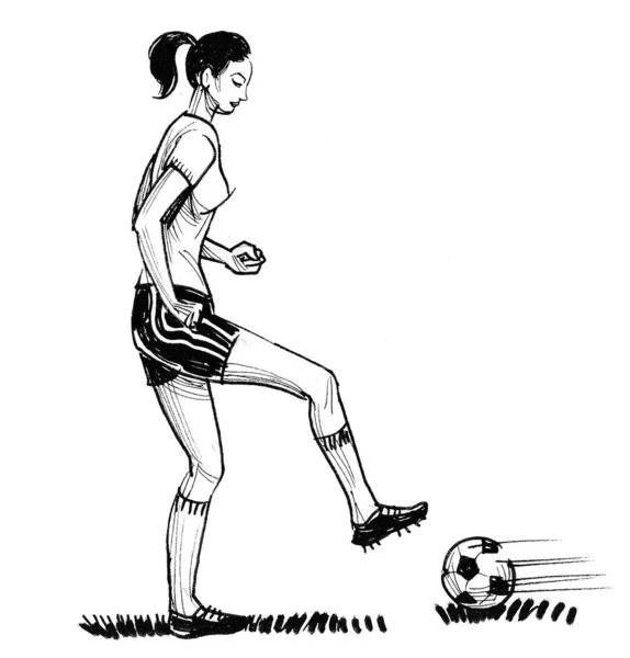 Junge Frau Beim Fußballspielen Schwarz Weiße Tuschezeichnung — Stockfoto