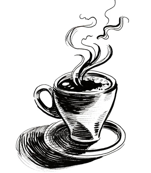 Egy Csésze Forró Kávé Csészealjon Tinta Fekete Fehér Rajz — Stock Fotó