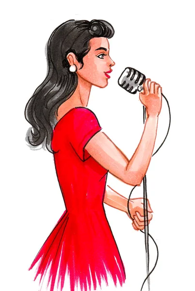 Bonita Mujer Con Micrófono Retro Cantando Dibujo Tinta Acuarela —  Fotos de Stock