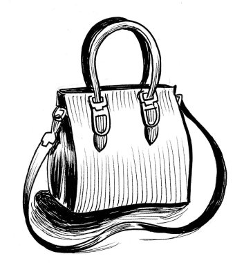 Lüks deri çanta. Mürekkep siyah beyaz çizim