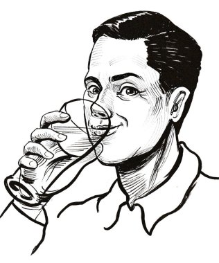 Bir bardak bira içen mutlu adam. Mürekkep siyah beyaz çizim