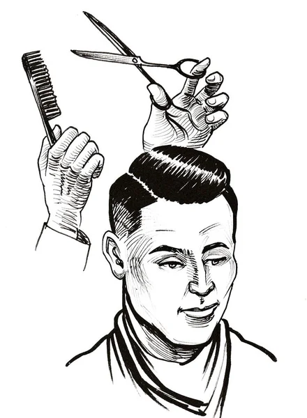 Barbeiro Mãos Com Uma Tesoura Pente Trabalhando Corte Cabelo Cliente — Fotografia de Stock