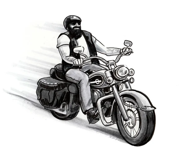 Biker Klassieke Amerikaanse Motorfiets Inkt Zwart Wit Tekening — Stockfoto